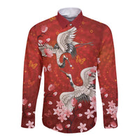 Hawaii Japan Cranes Sakura Flower Red Long Sleeve Button Shirt Japan Heritage Spirit LT01 Unisex Red - Polynesian Pride