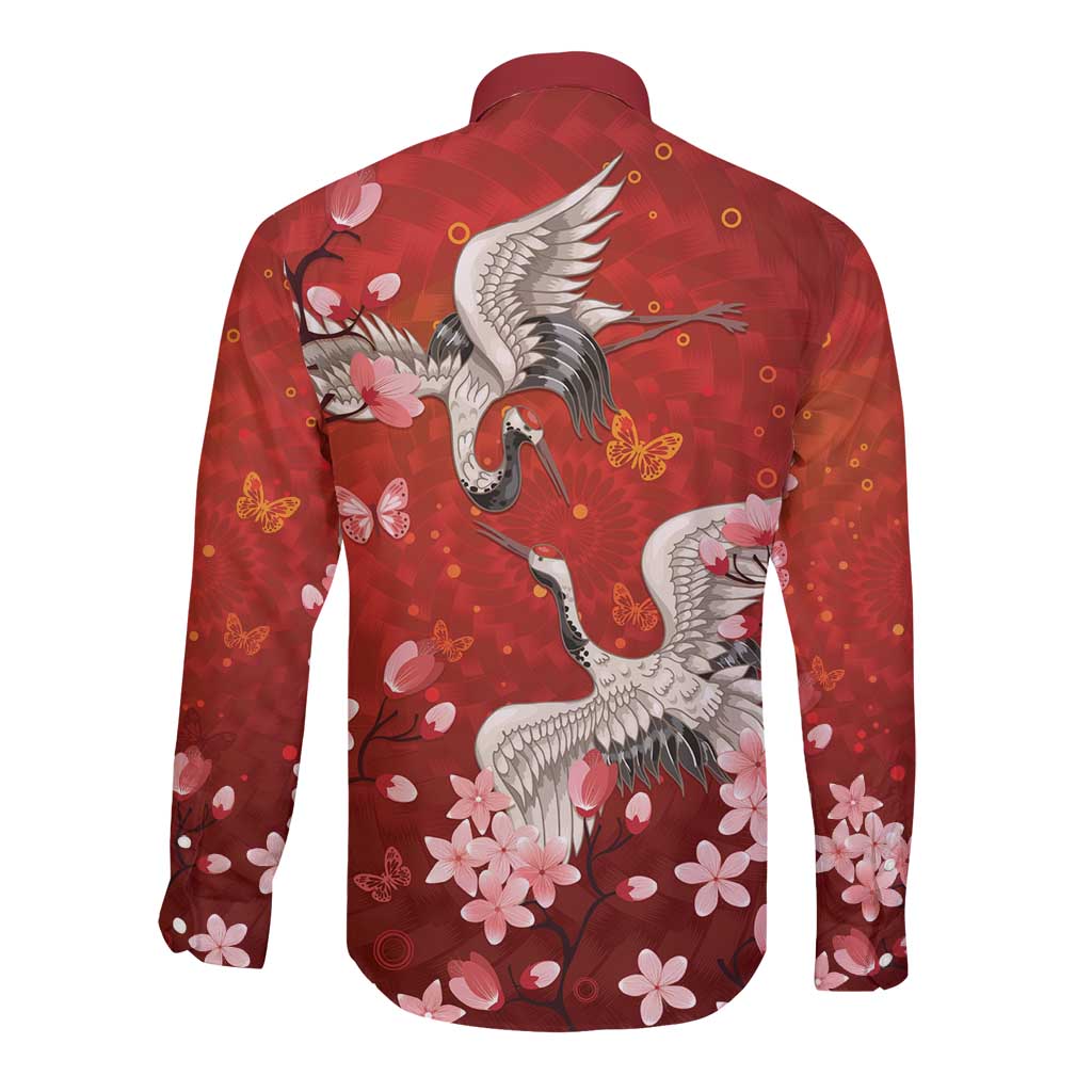 Hawaii Japan Cranes Sakura Flower Red Long Sleeve Button Shirt Japan Heritage Spirit LT01 - Polynesian Pride