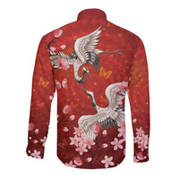 Hawaii Japan Cranes Sakura Flower Red Long Sleeve Button Shirt Japan Heritage Spirit LT01 - Polynesian Pride