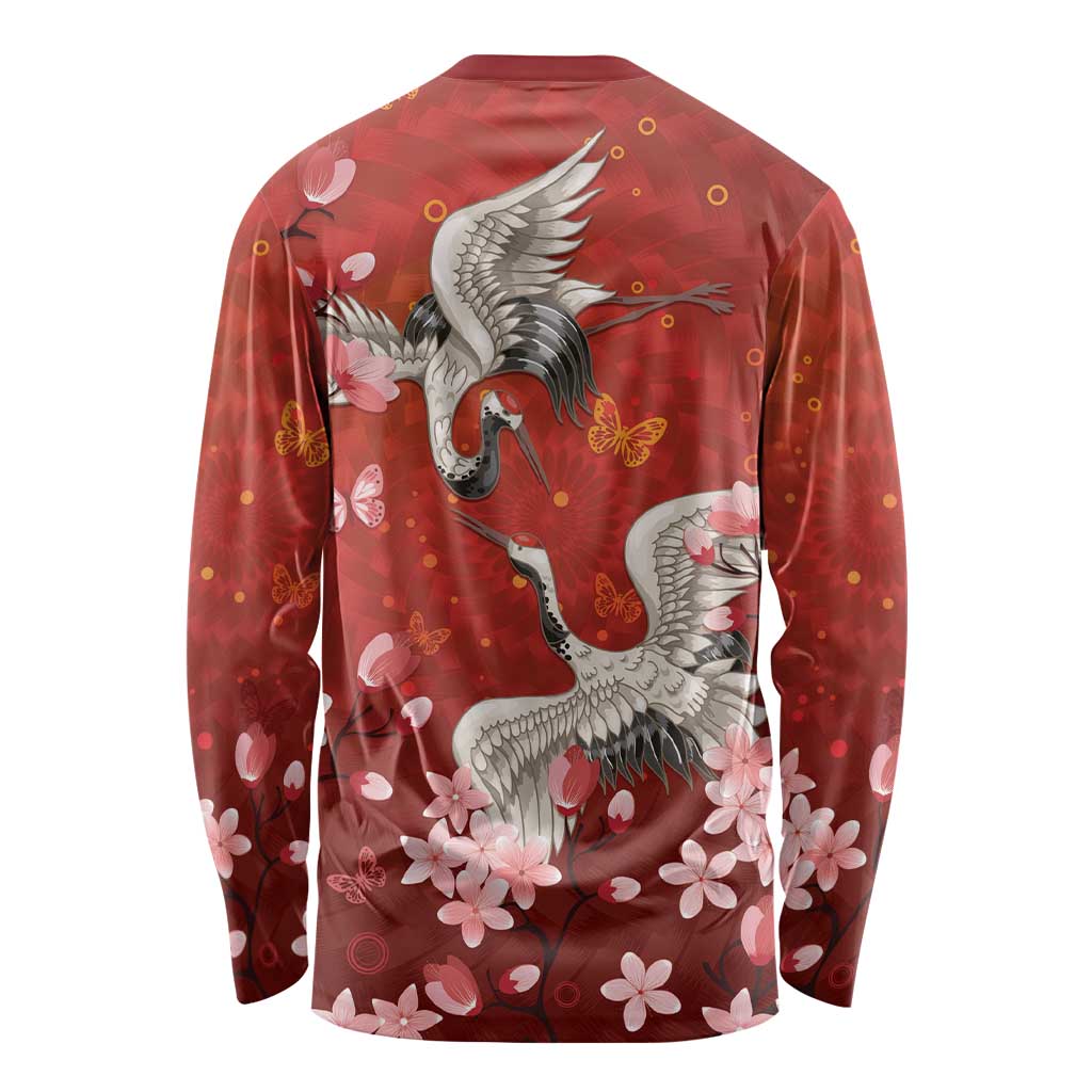 Hawaii Japan Cranes Sakura Flower Red Long Sleeve Shirt Japan Heritage Spirit LT01 - Polynesian Pride