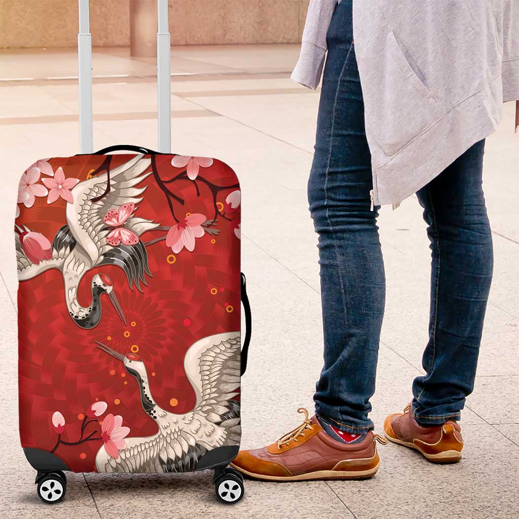 Hawaii Japan Cranes Sakura Flower Red Luggage Cover Japan Heritage Spirit - Polynesian Pride