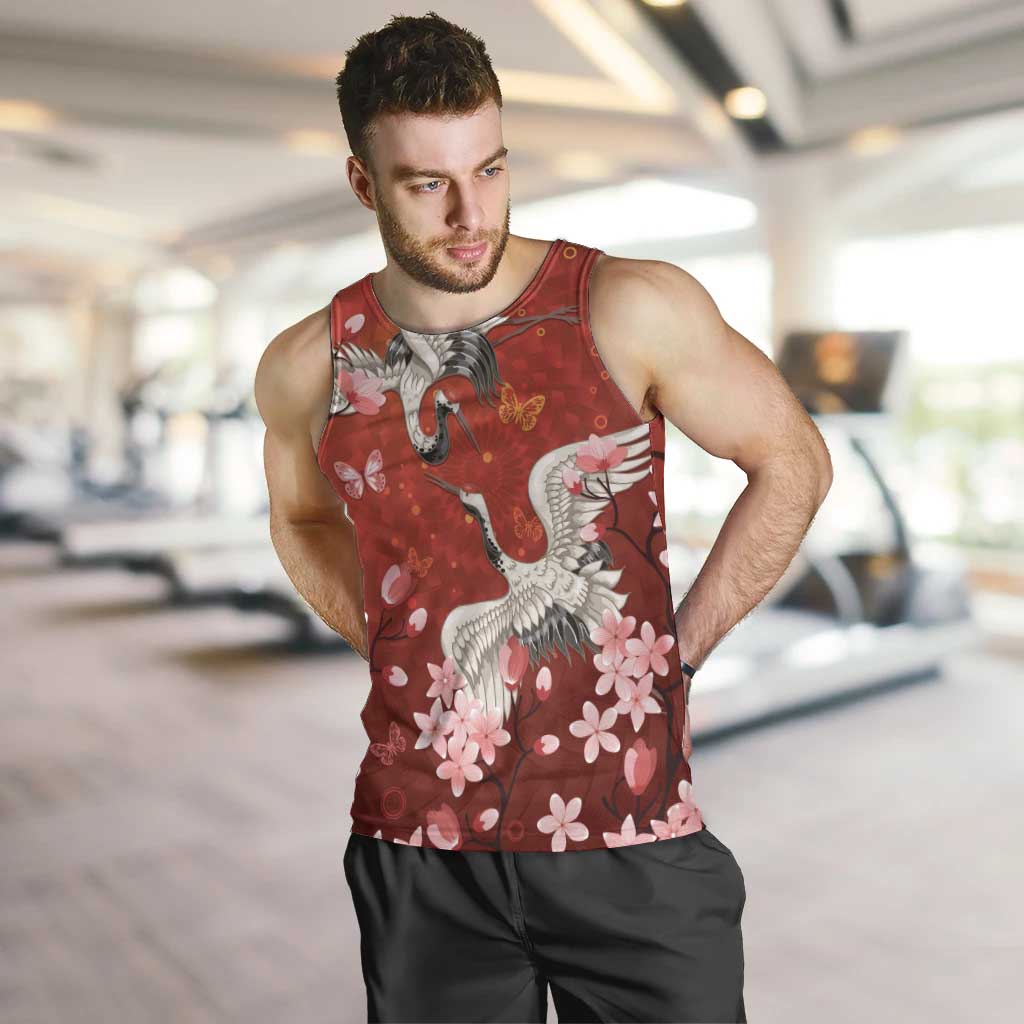 Hawaii Japan Cranes Sakura Flower Red Men Tank Top Japan Heritage Spirit LT01 Red - Polynesian Pride