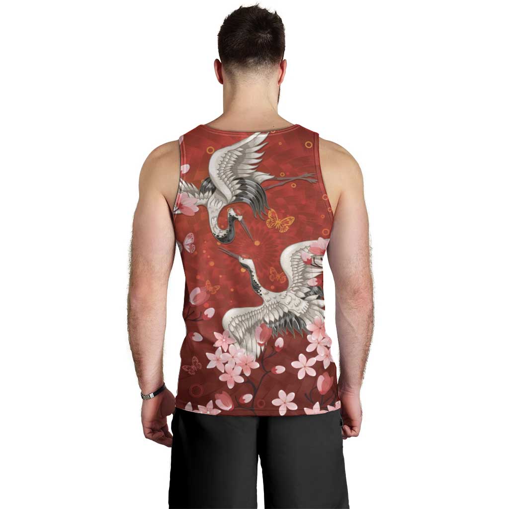 Hawaii Japan Cranes Sakura Flower Red Men Tank Top Japan Heritage Spirit LT01 - Polynesian Pride