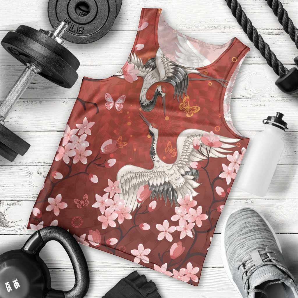 Hawaii Japan Cranes Sakura Flower Red Men Tank Top Japan Heritage Spirit LT01 - Polynesian Pride