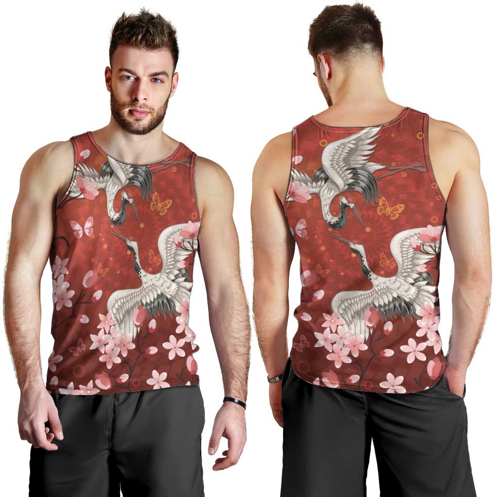 Hawaii Japan Cranes Sakura Flower Red Men Tank Top Japan Heritage Spirit LT01 - Polynesian Pride