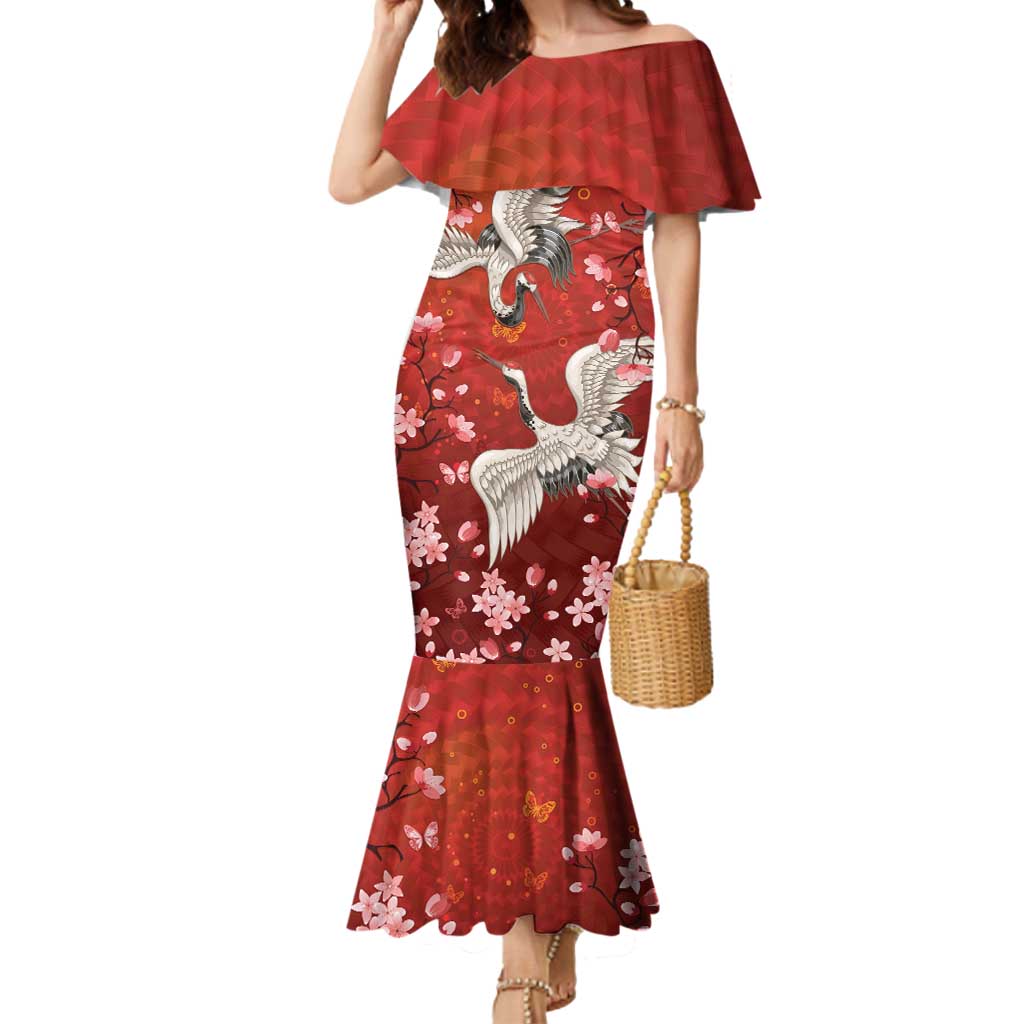 Hawaii Japan Cranes Sakura Flower Red Mermaid Dress Japan Heritage Spirit - Polynesian Pride