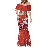 Hawaii Japan Cranes Sakura Flower Red Mermaid Dress Japan Heritage Spirit - Polynesian Pride