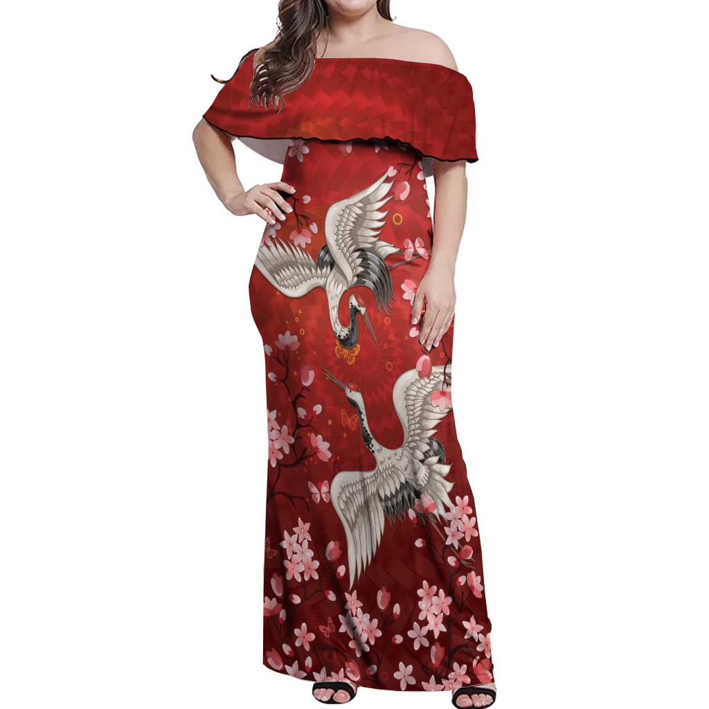 Hawaii Japan Cranes Sakura Flower Red Off Shoulder Maxi Dress Japan Heritage Spirit - Polynesian Pride