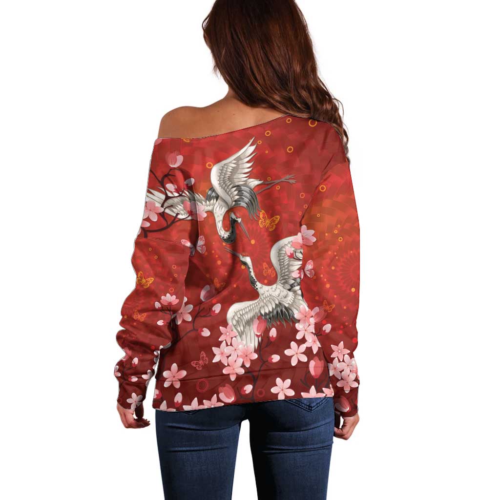 Hawaii Japan Cranes Sakura Flower Red Off Shoulder Sweater Japan Heritage Spirit - Polynesian Pride