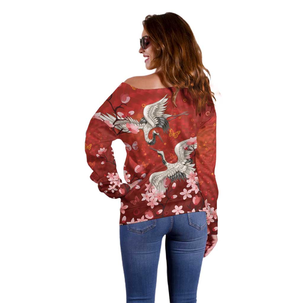 Hawaii Japan Cranes Sakura Flower Red Off Shoulder Sweater Japan Heritage Spirit - Polynesian Pride