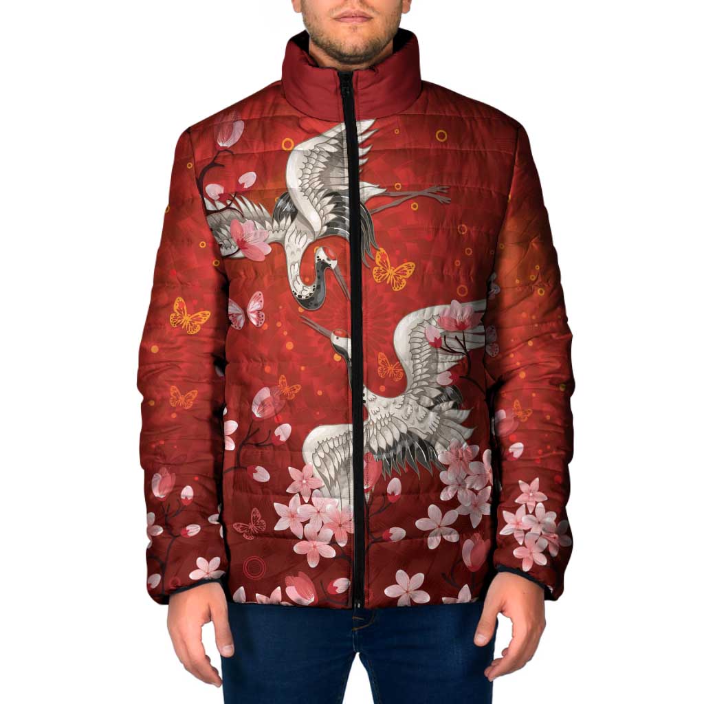 Hawaii Japan Cranes Sakura Flower Red Padded Jacket Japan Heritage Spirit LT01 Men Red - Polynesian Pride