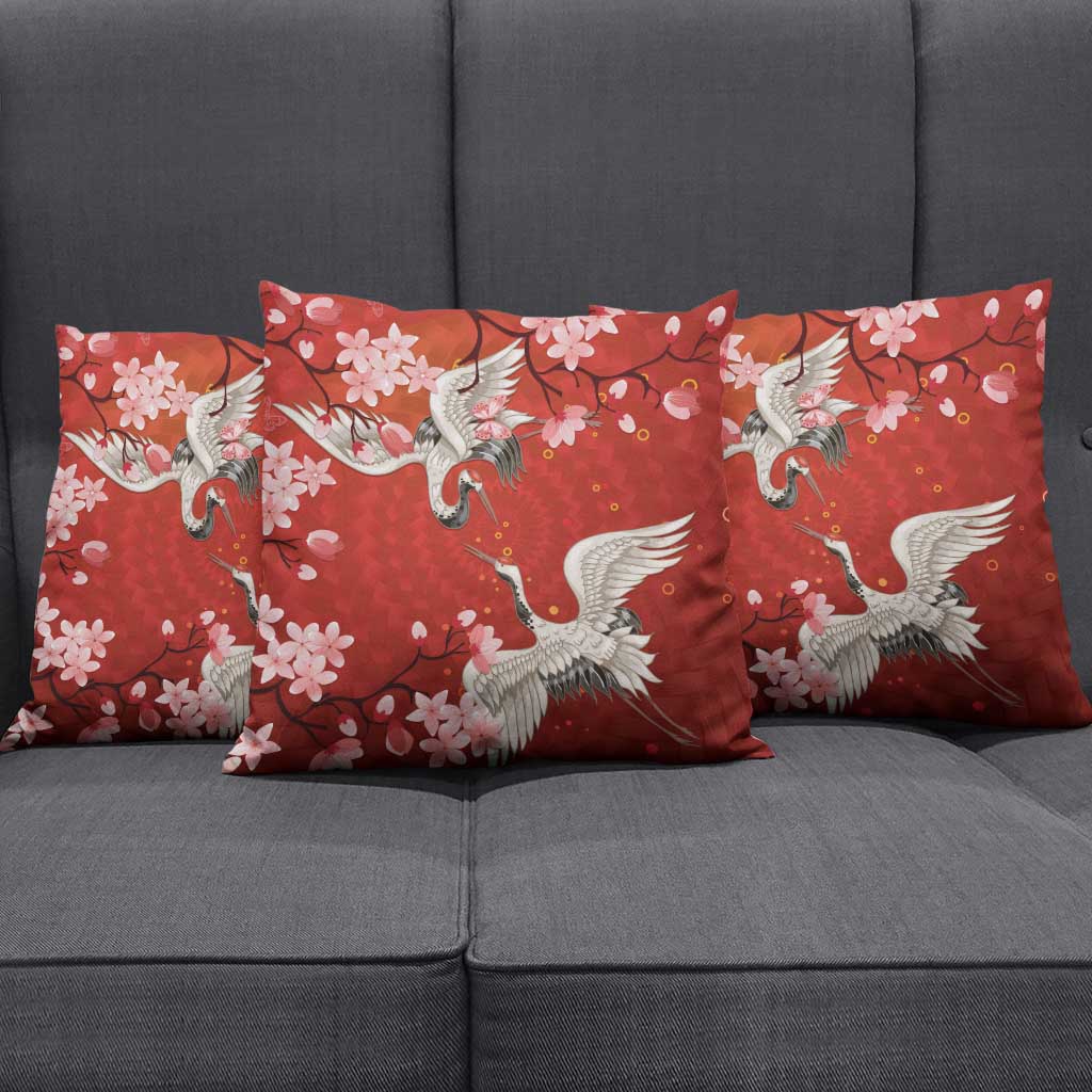 Hawaii Japan Cranes Sakura Flower Red Pillow Cover Japan Heritage Spirit - Polynesian Pride
