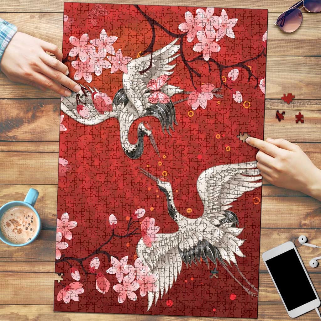 Hawaii Japan Cranes Sakura Flower Red Puzzle Japan Heritage Spirit LT01 Red - Polynesian Pride