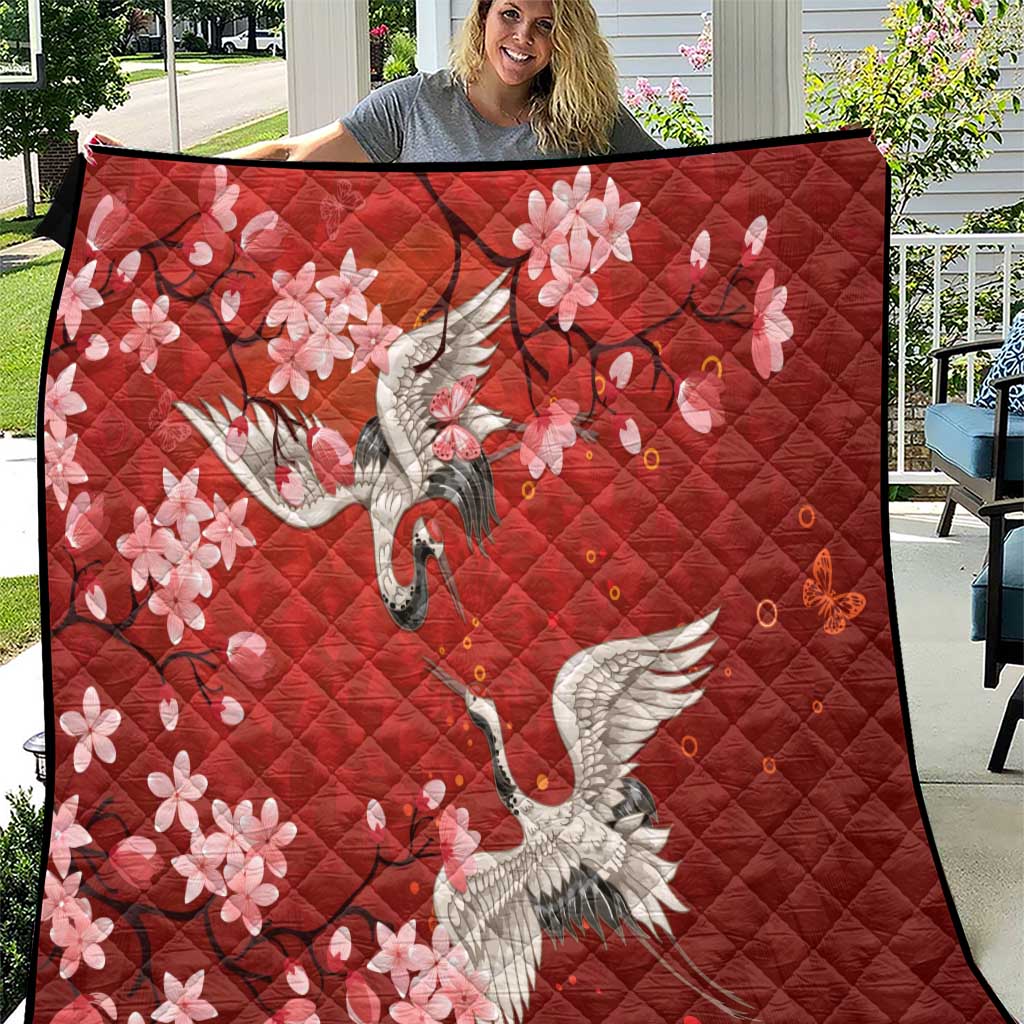 Hawaii Japan Cranes Sakura Flower Red Quilt Japan Heritage Spirit - Polynesian Pride