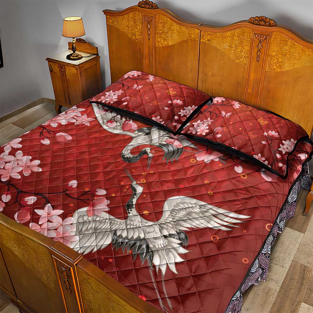 Hawaii Japan Cranes Sakura Flower Red Quilt Bed Set Japan Heritage Spirit - Polynesian Pride