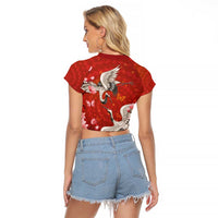 Hawaii Japan Cranes Sakura Flower Red Raglan Cropped T Shirt Japan Heritage Spirit LT01 - Polynesian Pride
