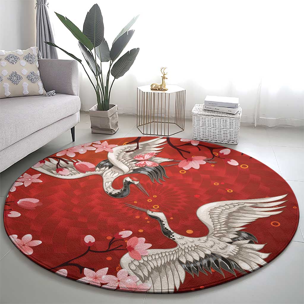 Hawaii Japan Cranes Sakura Flower Red Round Carpet Japan Heritage Spirit - Polynesian Pride