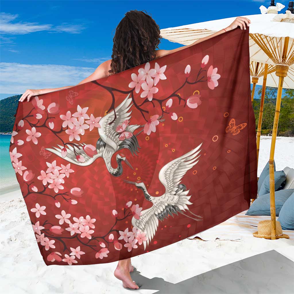 Hawaii Japan Cranes Sakura Flower Red Sarong Japan Heritage Spirit - Polynesian Pride
