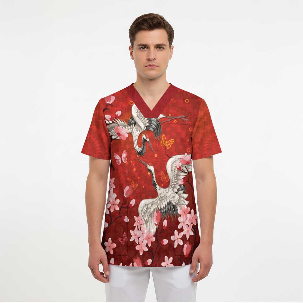 Hawaii Japan Cranes Sakura Flower Red Scrub Top Japan Heritage Spirit LT01 - Polynesian Pride