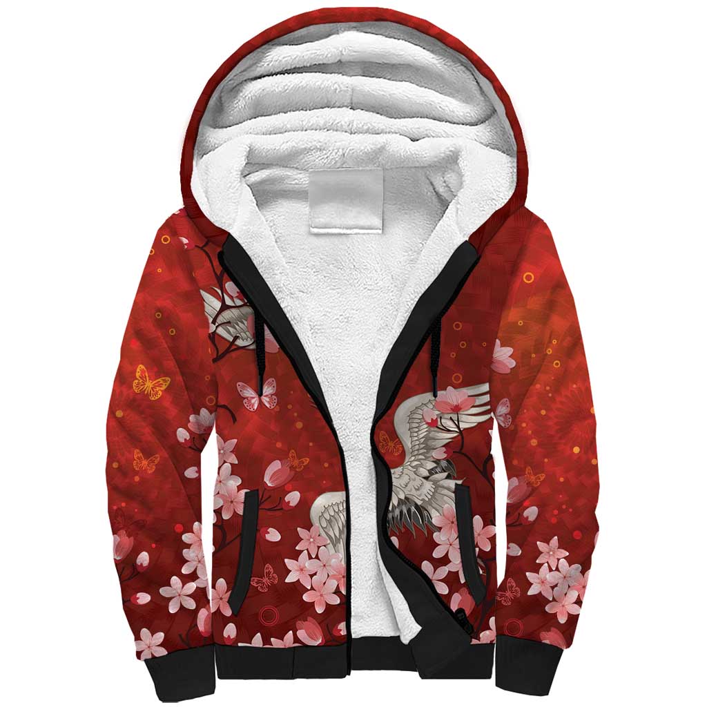 Hawaii Japan Cranes Sakura Flower Red Sherpa Hoodie Japan Heritage Spirit - Polynesian Pride