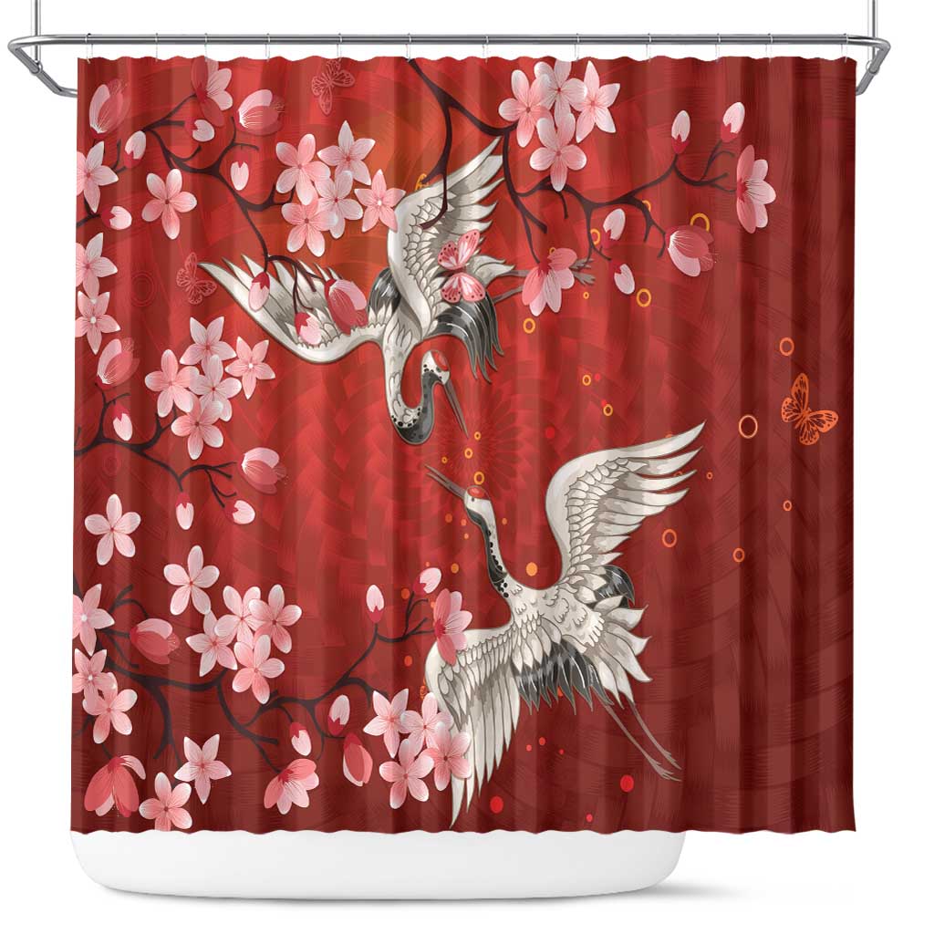Hawaii Japan Cranes Sakura Flower Red Shower Curtain Japan Heritage Spirit - Polynesian Pride