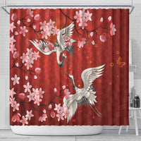 Hawaii Japan Cranes Sakura Flower Red Shower Curtain Japan Heritage Spirit - Polynesian Pride