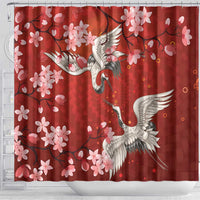 Hawaii Japan Cranes Sakura Flower Red Shower Curtain Japan Heritage Spirit - Polynesian Pride