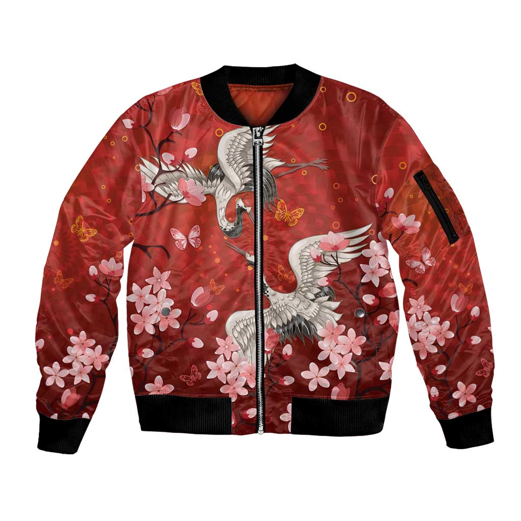 Hawaii Japan Cranes Sakura Flower Red Sleeve Zip Bomber Jacket Japan Heritage Spirit - Polynesian Pride