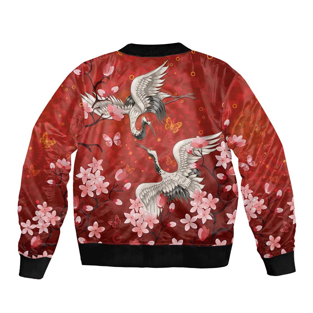 Hawaii Japan Cranes Sakura Flower Red Sleeve Zip Bomber Jacket Japan Heritage Spirit - Polynesian Pride