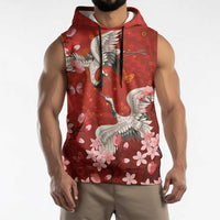 Hawaii Japan Cranes Sakura Flower Red Sleeveless Hoodie Japan Heritage Spirit LT01 - Polynesian Pride