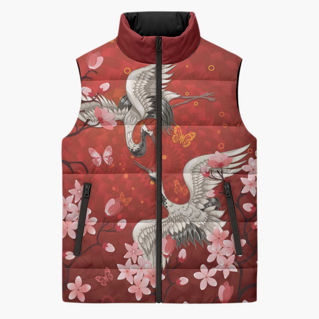 Hawaii Japan Cranes Sakura Flower Red Sleeveless Puffer Jacket Japan Heritage Spirit LT01 Unisex Red - Polynesian Pride