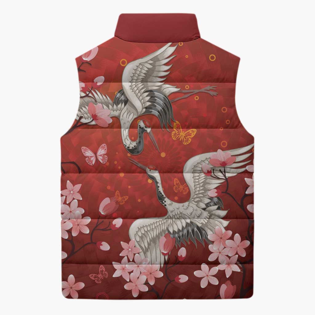 Hawaii Japan Cranes Sakura Flower Red Sleeveless Puffer Jacket Japan Heritage Spirit LT01 - Polynesian Pride