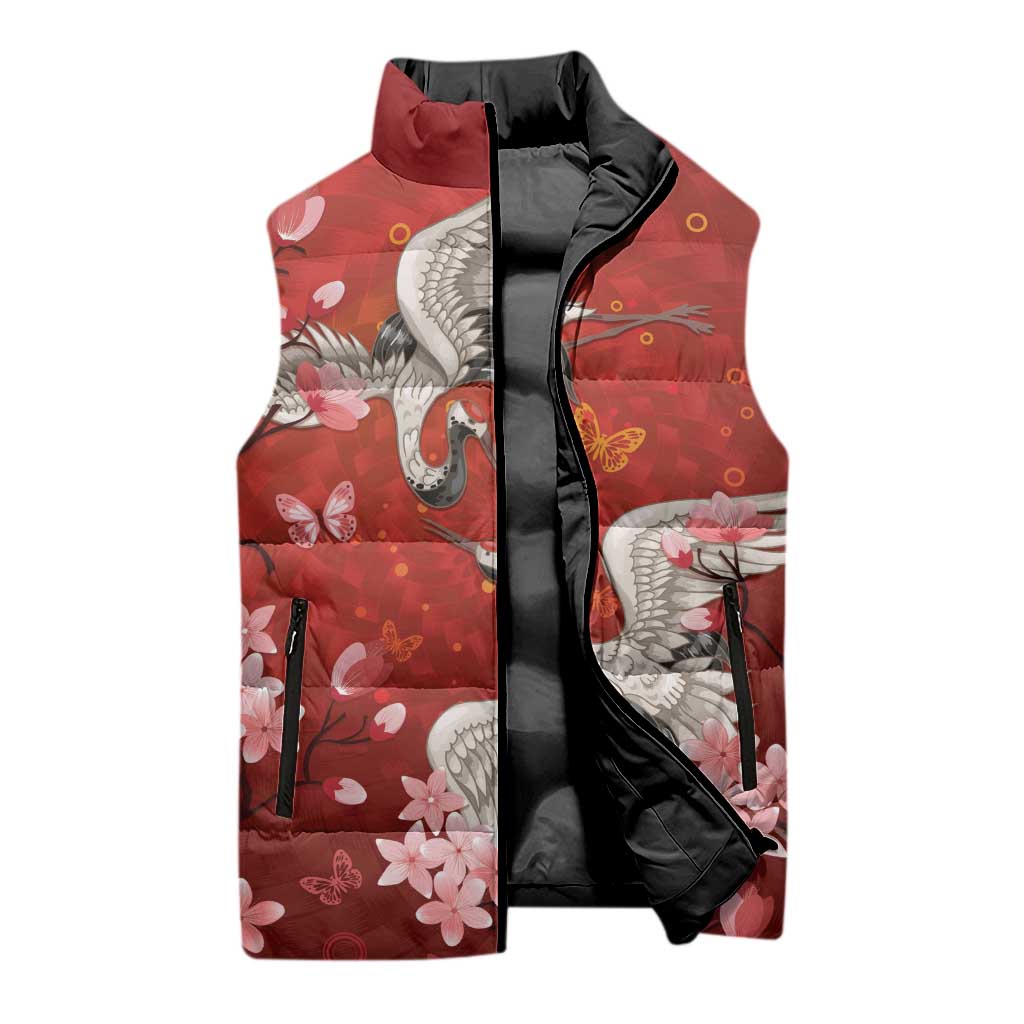 Hawaii Japan Cranes Sakura Flower Red Sleeveless Puffer Jacket Japan Heritage Spirit LT01 - Polynesian Pride