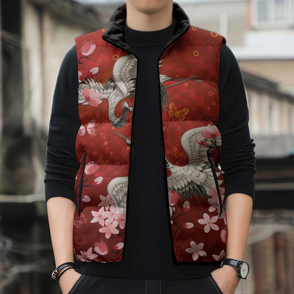 Hawaii Japan Cranes Sakura Flower Red Sleeveless Puffer Jacket Japan Heritage Spirit LT01 - Polynesian Pride