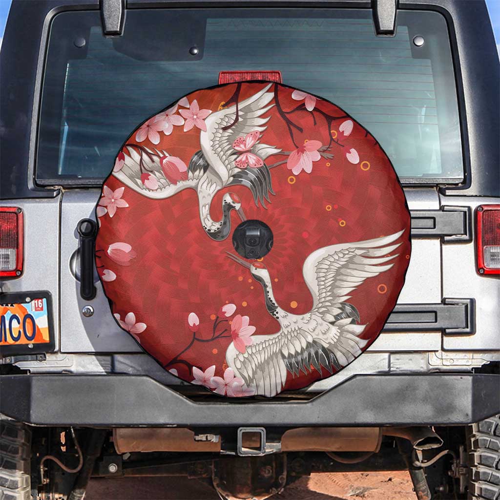 Hawaii Japan Cranes Sakura Flower Red Spare Tire Cover Japan Heritage Spirit - Polynesian Pride