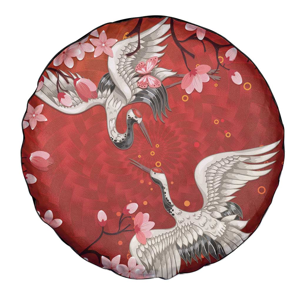 Hawaii Japan Cranes Sakura Flower Red Spare Tire Cover Japan Heritage Spirit - Polynesian Pride