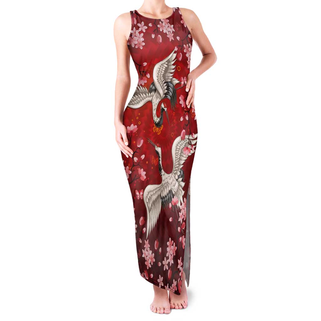Hawaii Japan Cranes Sakura Flower Red Tank Maxi Dress Japan Heritage Spirit - Polynesian Pride