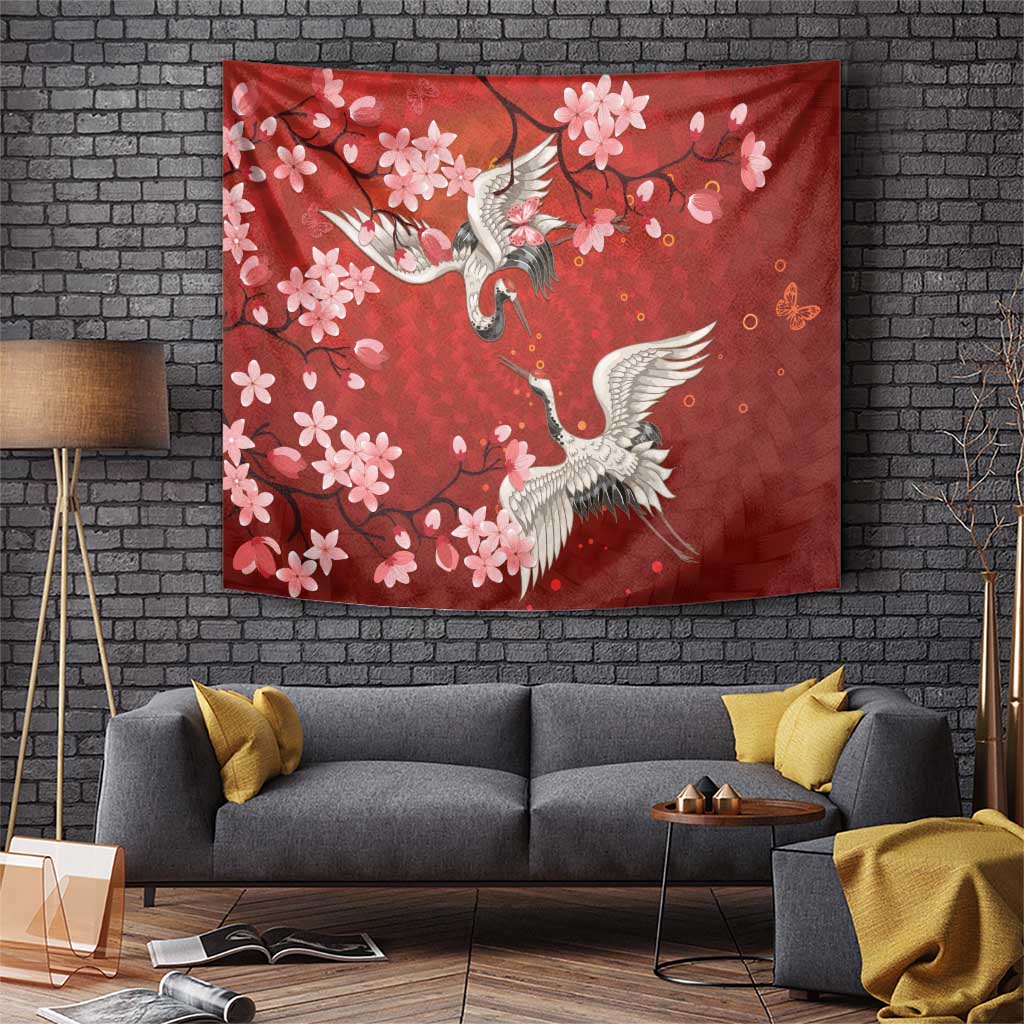 Hawaii Japan Cranes Sakura Flower Red Tapestry Japan Heritage Spirit - Polynesian Pride