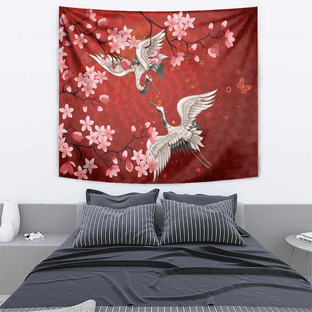Hawaii Japan Cranes Sakura Flower Red Tapestry Japan Heritage Spirit - Polynesian Pride