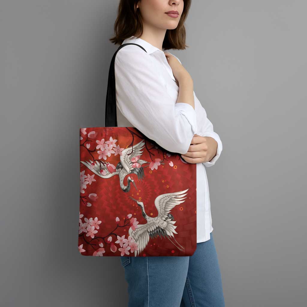 Hawaii Japan Cranes Sakura Flower Red Tote Bag Japan Heritage Spirit - Polynesian Pride