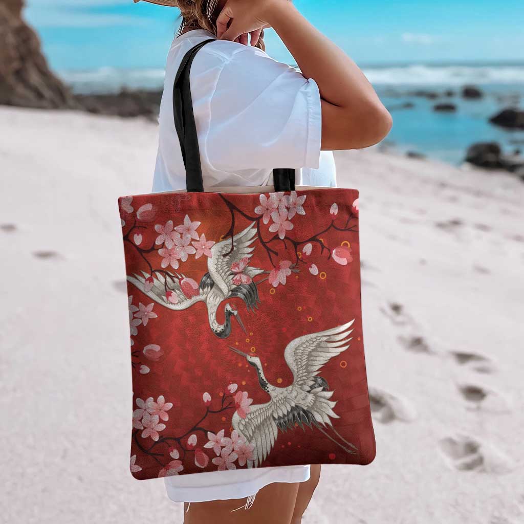 Hawaii Japan Cranes Sakura Flower Red Tote Bag Japan Heritage Spirit - Polynesian Pride