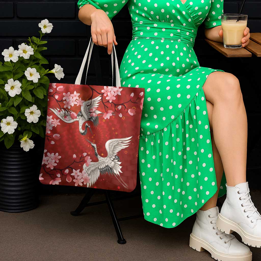 Hawaii Japan Cranes Sakura Flower Red Tote Bag Japan Heritage Spirit - Polynesian Pride