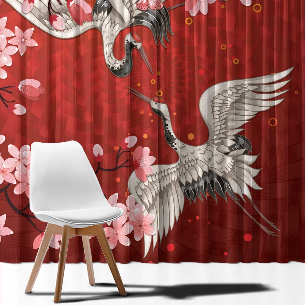 Hawaii Japan Cranes Sakura Flower Red Window Curtain Japan Heritage Spirit - Polynesian Pride