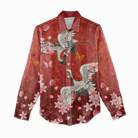 Hawaii Japan Cranes Sakura Flower Red Women Casual Shirt Japan Heritage Spirit - Polynesian Pride