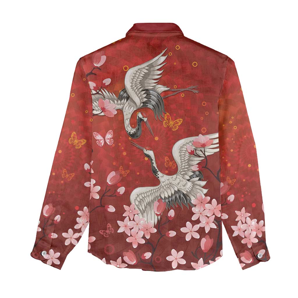 Hawaii Japan Cranes Sakura Flower Red Women Casual Shirt Japan Heritage Spirit - Polynesian Pride