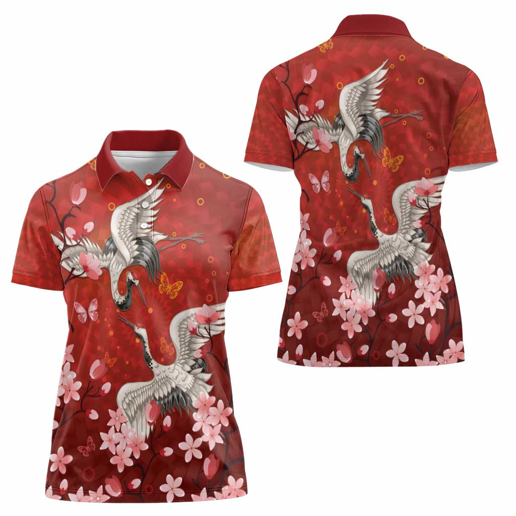 Hawaii Japan Cranes Sakura Flower Red Women Polo Shirt Japan Heritage Spirit - Polynesian Pride