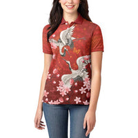 Hawaii Japan Cranes Sakura Flower Red Women Polo Shirt Japan Heritage Spirit - Polynesian Pride