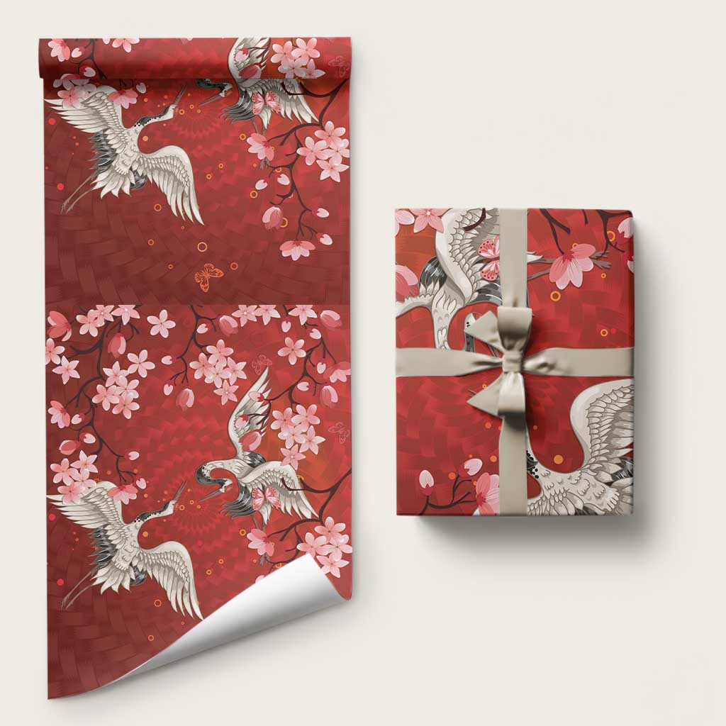 Hawaii Japan Cranes Sakura Flower Red Wrapping Paper Japan Heritage Spirit LT01 58" × 23" Red - Polynesian Pride