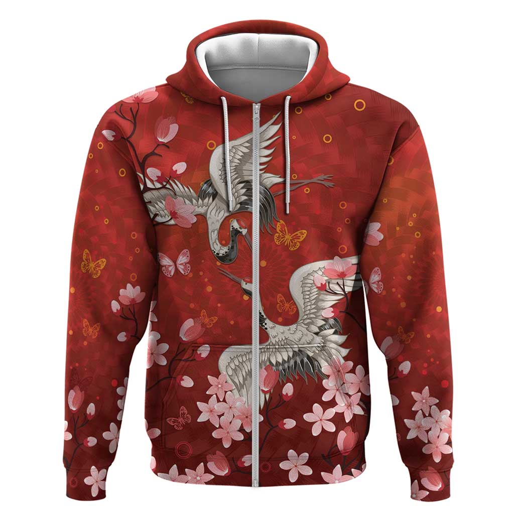 Hawaii Japan Cranes Sakura Flower Red Zip Hoodie Japan Heritage Spirit LT01 Zip Hoodie Red - Polynesian Pride