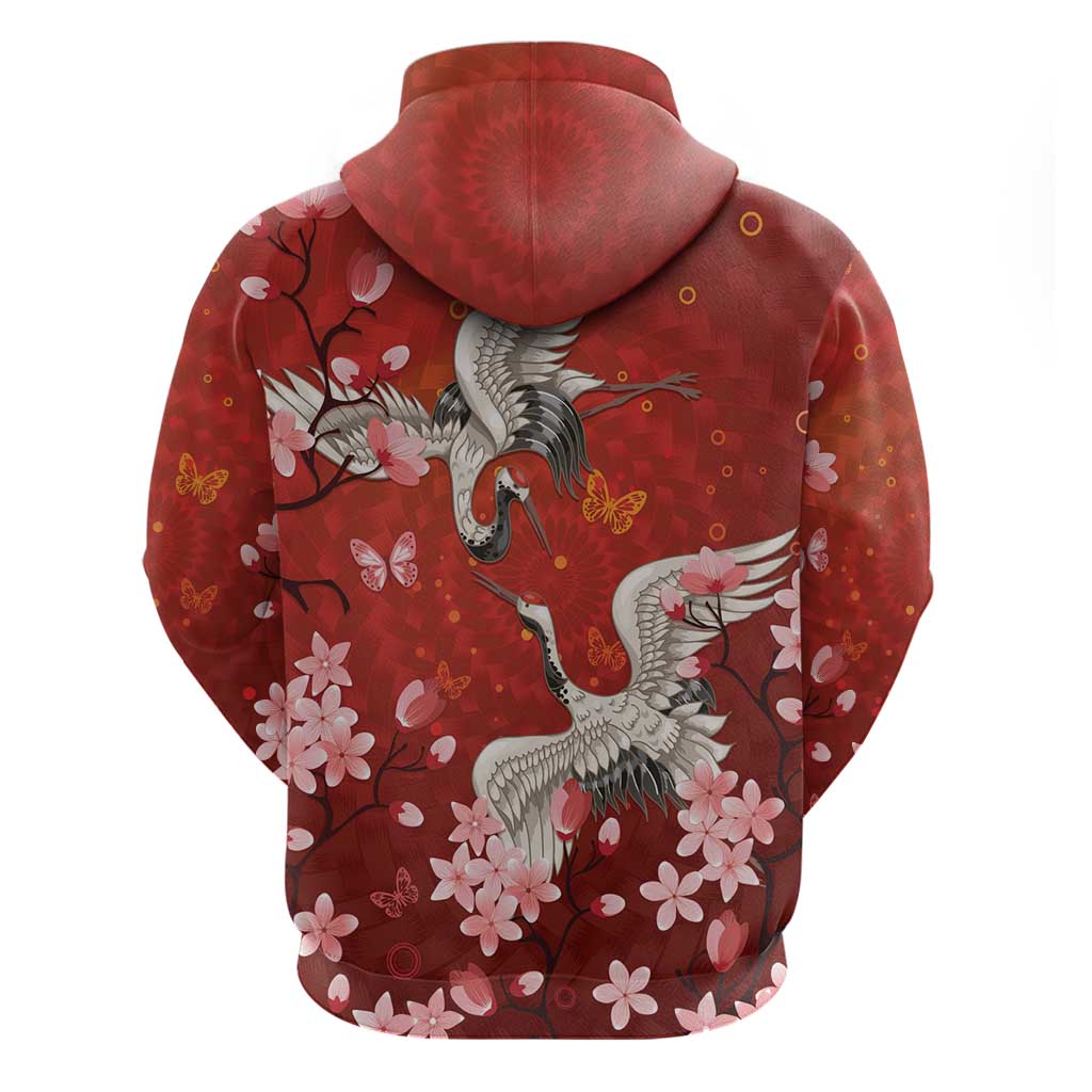 Hawaii Japan Cranes Sakura Flower Red Zip Hoodie Japan Heritage Spirit LT01 - Polynesian Pride